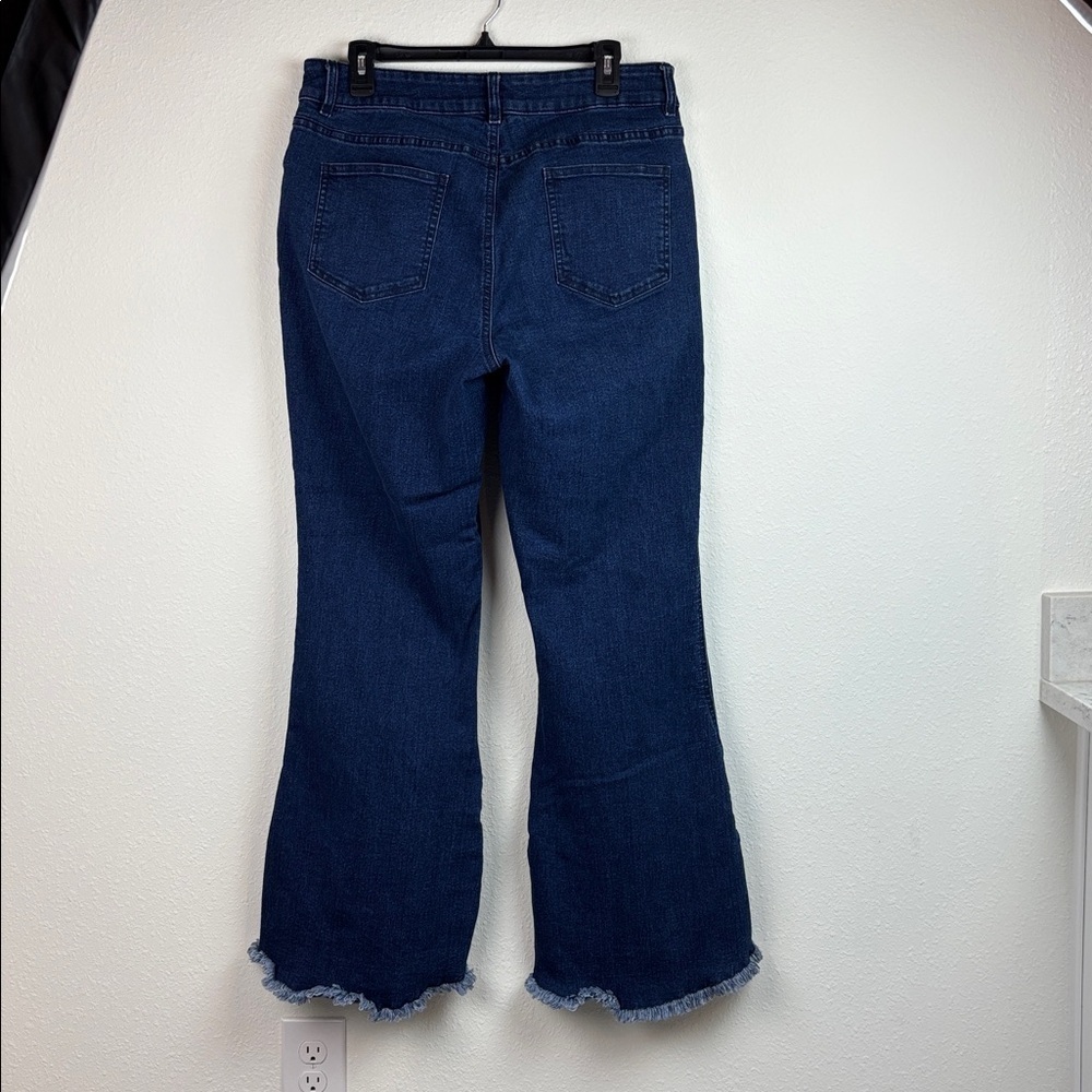 VENUS stretch dark blue high ruffle slit leg 5 pocket flared fitted denim Jeans - Picture 7 of 12